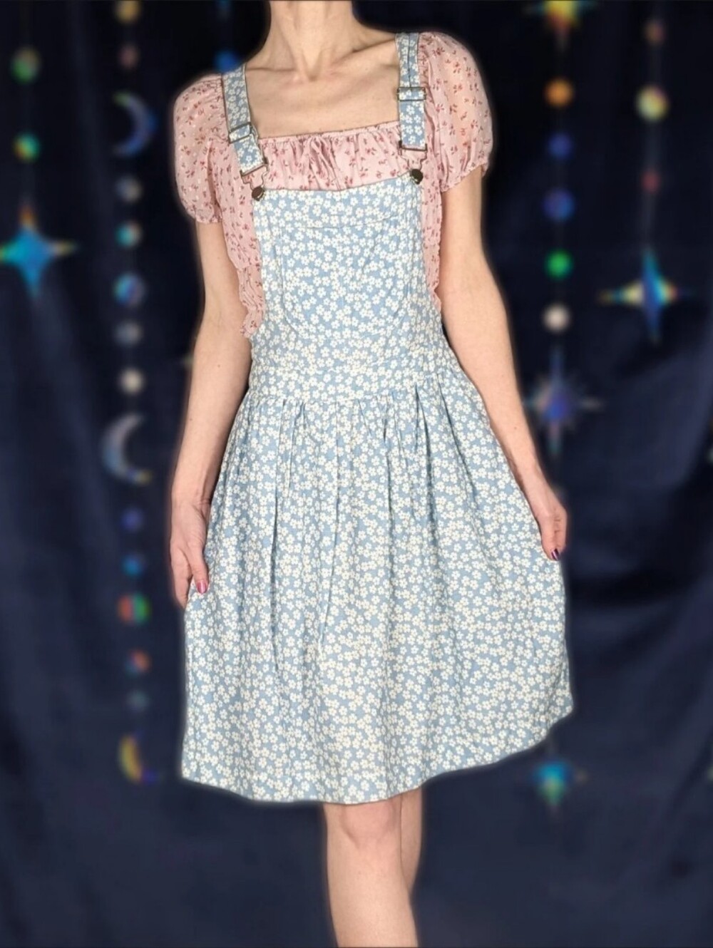 Blue & White Ditsy Floral Overall Pinefore Jumper Dress